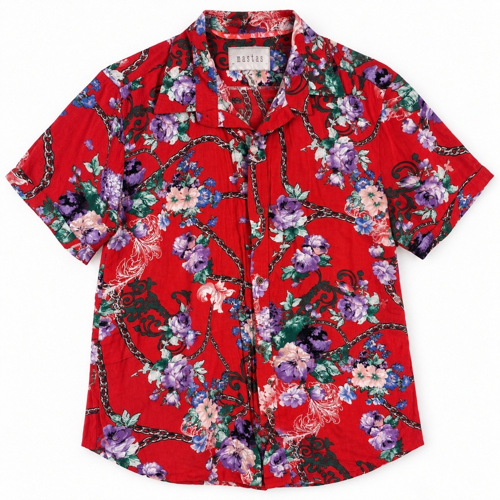 Whimsical Red Floral Chain Button Down Shirt Size M Baroque Maximalist Dopamine